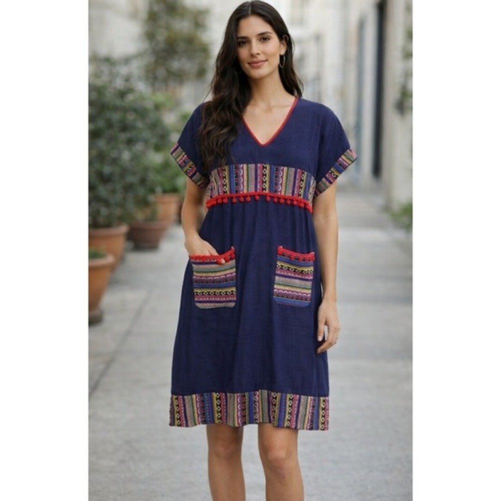 Handmade Women's Latin American Embroidered Navy Blue Multicolor Dress EUC